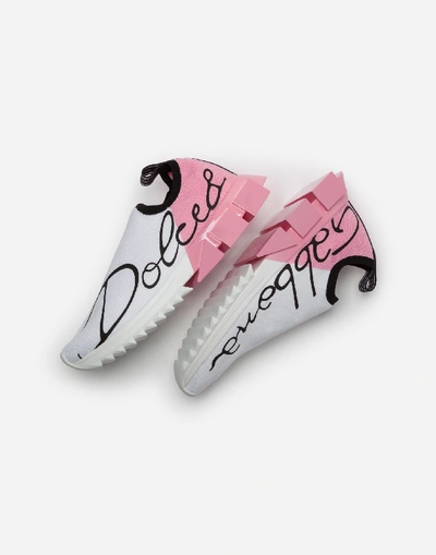 Shop Dolce & Gabbana Stretch Jersey Sorrento Sneakers With Patent Leather Heel In White/pink