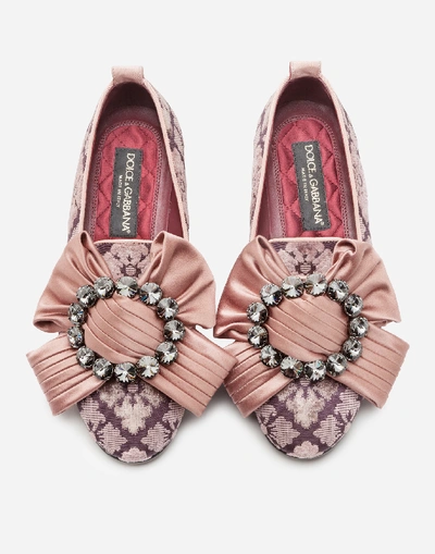 Shop Dolce & Gabbana Velvet Jacquard Slipper With Bejeweled Bow In Pink