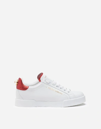 Shop Dolce & Gabbana Portofino Sneakers In Nappa Calfskin With Lettering In White/red