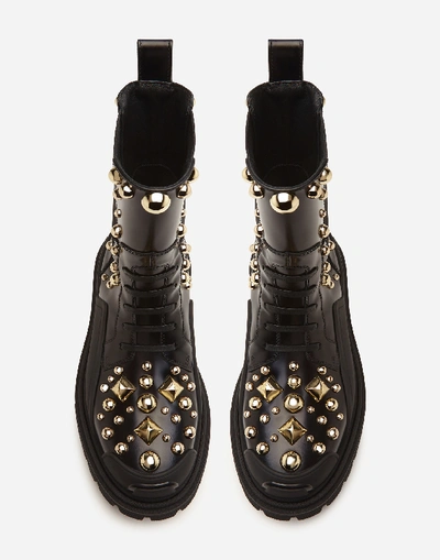 Shop Dolce & Gabbana Polished Calfskin Combat Boots With Studded Embroidery
