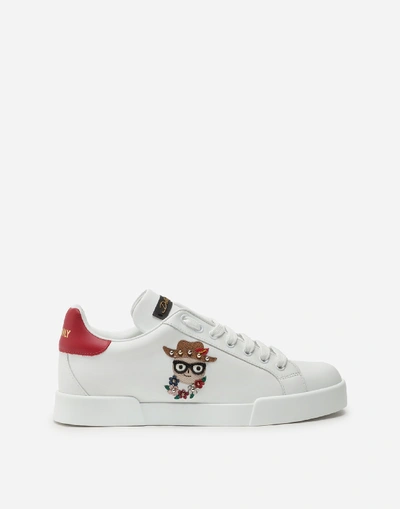 Shop Dolce & Gabbana Calfskin Portofino Sneakers With Patches Of The Designers