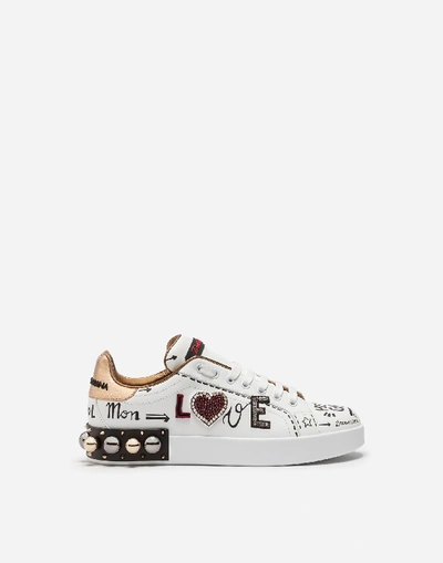 Shop Dolce & Gabbana Printed Calfskin Portofino Sneakers With Patch And Embroidery