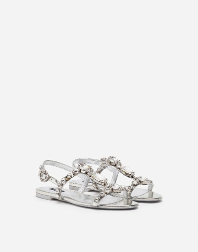 Shop Dolce & Gabbana Mirrored Calfskin Sandals With Embroidery In Silver