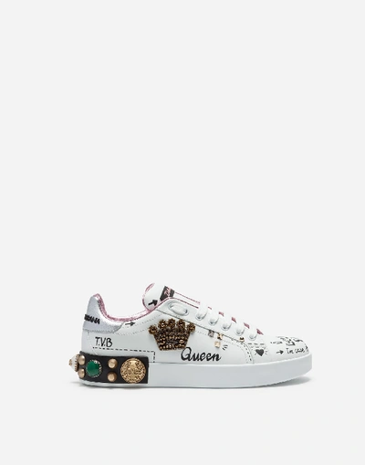 Shop Dolce & Gabbana Printed Calfskin Portofino Sneakers With Patch And Embroidery