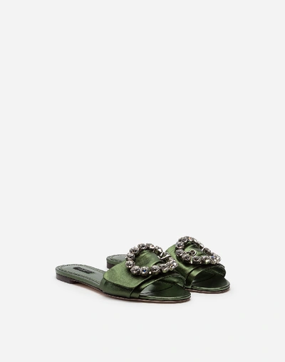 Shop Dolce & Gabbana Mordore Nappa Sliders With Bejeweled Buckle In Green