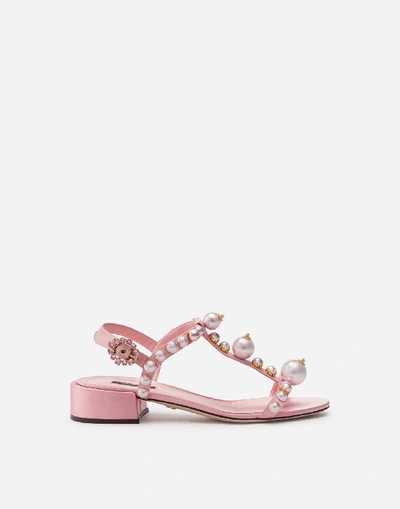 Shop Dolce & Gabbana Bejeweled Satin Sandals With Pearl Embroidery In Pale Pink