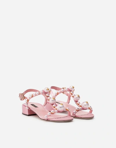 Shop Dolce & Gabbana Bejeweled Satin Sandals With Pearl Embroidery In Pale Pink