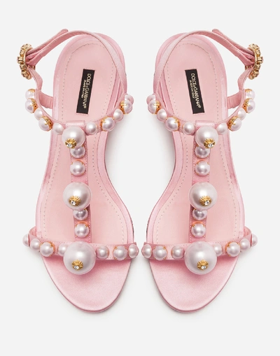 Shop Dolce & Gabbana Bejeweled Satin Sandals With Pearl Embroidery In Pale Pink