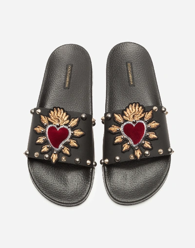 Shop Dolce & Gabbana Slippers In Rubber And Calfskin With Heart Patches