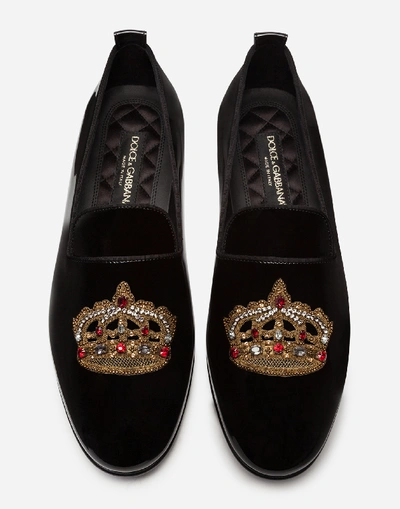Shop Dolce & Gabbana Patent Leather Slippers With Crown Embroidery