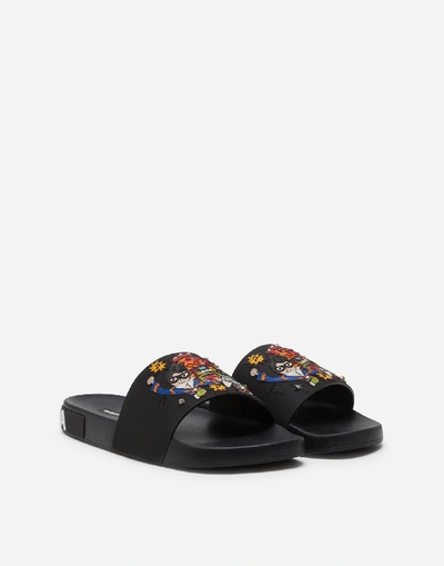 Shop Dolce & Gabbana Rubber Beachwear Sliders With Stylist Patches In Black