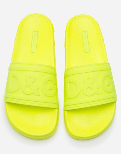 Shop Dolce & Gabbana Rubber Beachwear Sliders With D&g Logo In Yellow