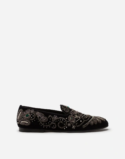 Shop Dolce & Gabbana Velvet Slippers With Embroidery In Multicolor