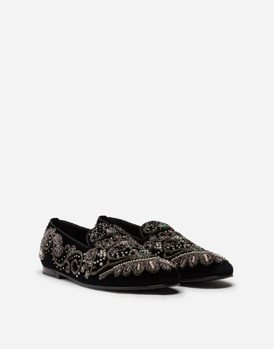 Shop Dolce & Gabbana Velvet Slippers With Embroidery In Multicolor