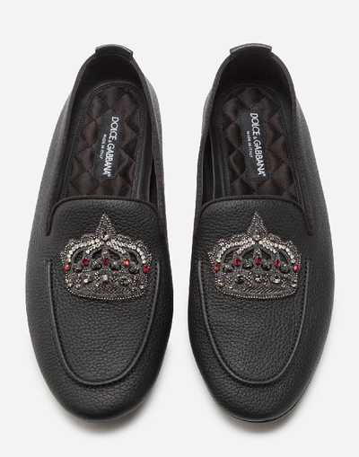Shop Dolce & Gabbana Calfskin Slippers With Crown Embroidery
