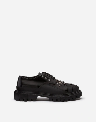 Shop Dolce & Gabbana Polished Calfskin Trekking Derby With Stud Embroidery In Black