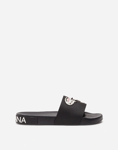 Shop Dolce & Gabbana Rubber And Calfskin Sliders With Patches Of The Designers