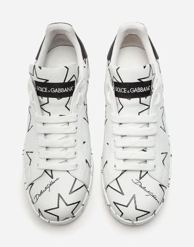 Shop Dolce & Gabbana Mixed Star Print Portofino Sneakers In Nappa Leather In Cream
