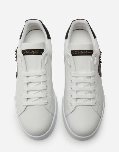 Shop Dolce & Gabbana Calfskin Portofino Sneakers With Patches Of The Designers In White/black