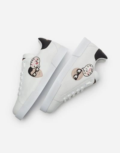 Shop Dolce & Gabbana Calfskin Portofino Sneakers With Patches Of The Designers In White/black