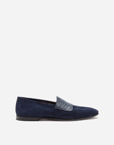 Shop Dolce & Gabbana Perforated Suede Slippers With Crocodile Band