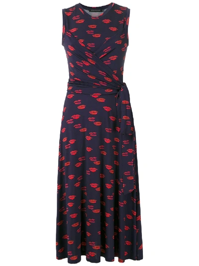 Shop Andrea Marques Printed Tie Waist Dress In Blue