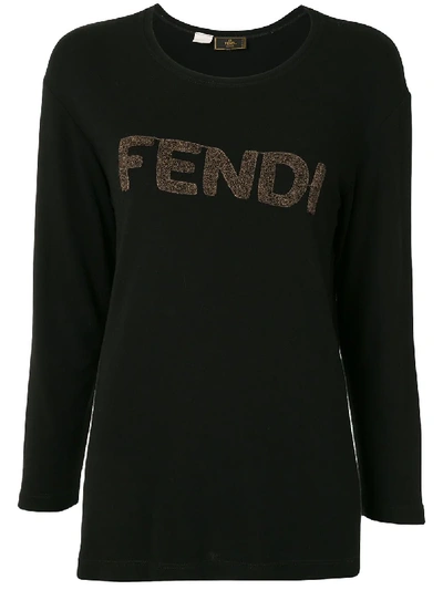 Pre-owned Fendi 1990s Flocked Logo Top In Black