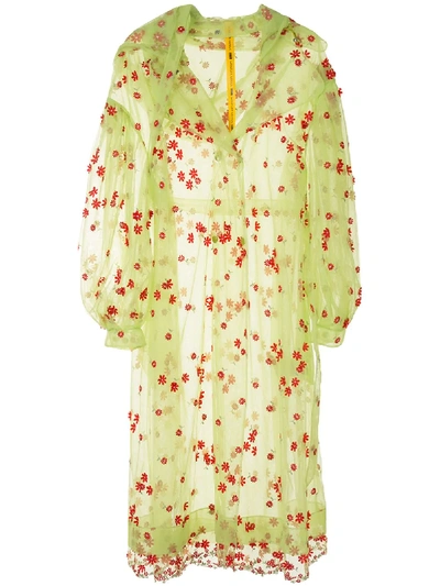 Shop Moncler Floral-embroidered Trench Coat In Green