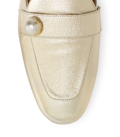 Shop Stuart Weitzman Payson Slide Pearl In Platino Gold Textured Metallic Leather