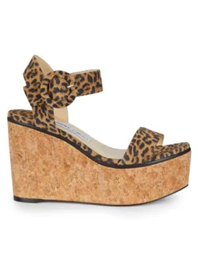 Shop Jimmy Choo Abigail Leopard-print Leather Cork Wedge Sandals In Natural