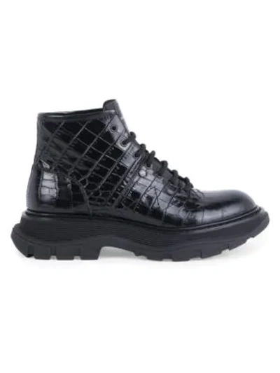 Shop Alexander Mcqueen Croc-embossed Patent Leather Combat Boots In Black
