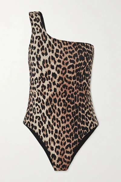 Shop Ganni One-shoulder Leopard-print Swimsuit In Leopard Print