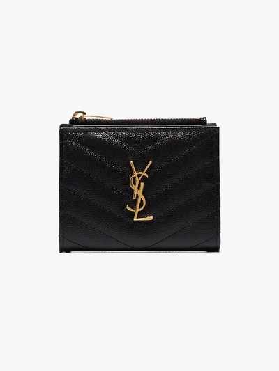 Shop Saint Laurent Black Monogram Logo Zipped Leather Wallet