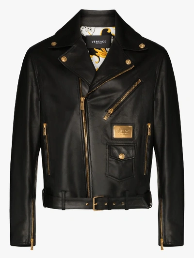 Shop Versace Black Leather Biker Jacket