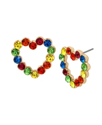 Shop Betsey Johnson Rainbow Stone Heart Stud Earrings In Gold-tone Metal, 0.8" In Multi