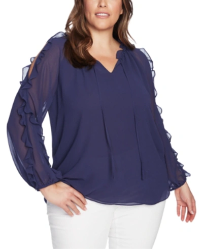 Shop 1.state Trendy Plus Size Ruffled Cold-shoulder Top In Navy Sky