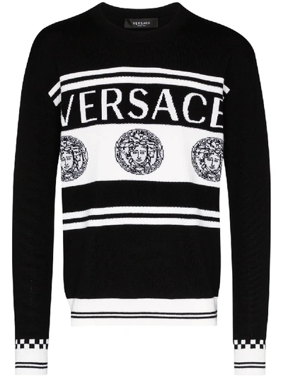 Shop Versace Intarsia-knit Logo Jumper In Black
