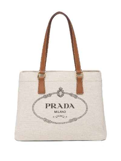 Shop Prada Logo-print Canvas Tote Bag In Brown