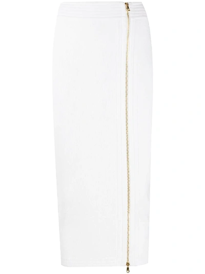 Shop Balmain Zip-front Fitted Midi Skirt In White