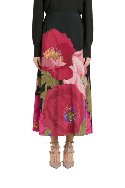 Shop Valentino Printed Crepe De Chine Skirt With Macro Poppy Print