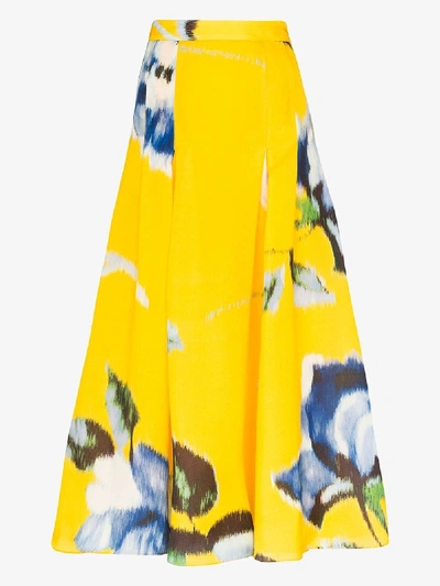 Shop Carolina Herrera Floral Print Silk Midi Skirt In Yellow