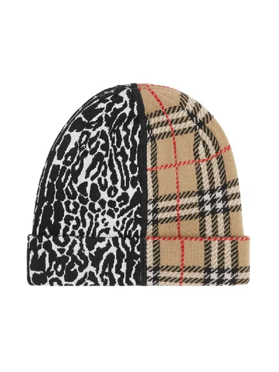Shop Burberry Leopard Check Pattern Beanie Hat In Neutrals