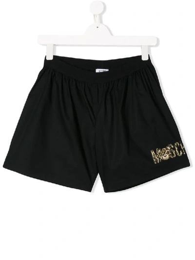 Shop Moschino Teen Leopard Logo Print Shorts In Black