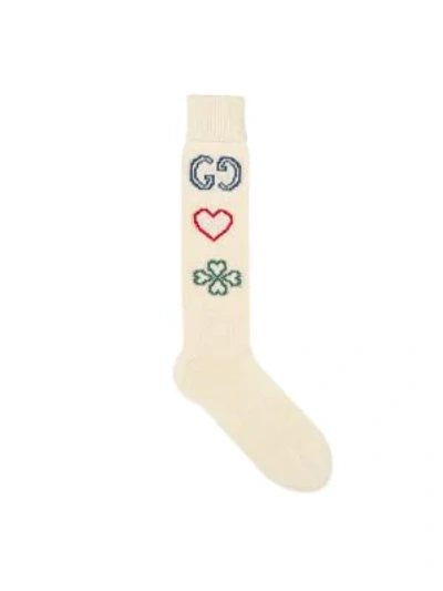 Shop Gucci Embroidered Cotton Socks In Ivory