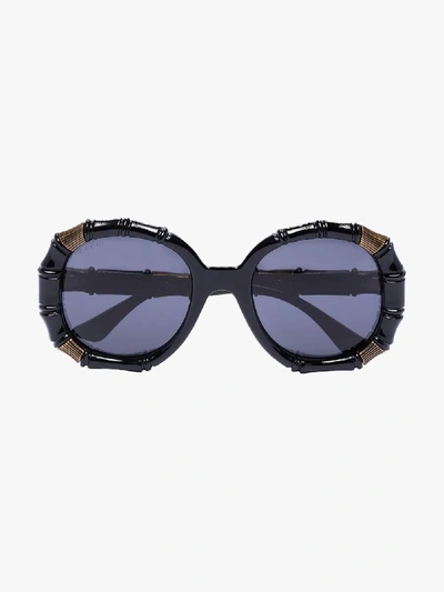 Shop Gucci Black Bamboo Effect Round Sunglasses