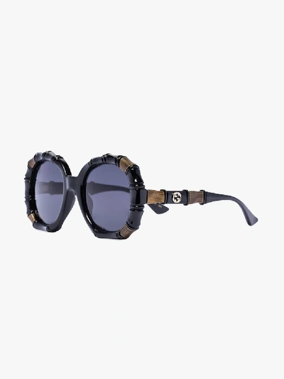 Shop Gucci Black Bamboo Effect Round Sunglasses