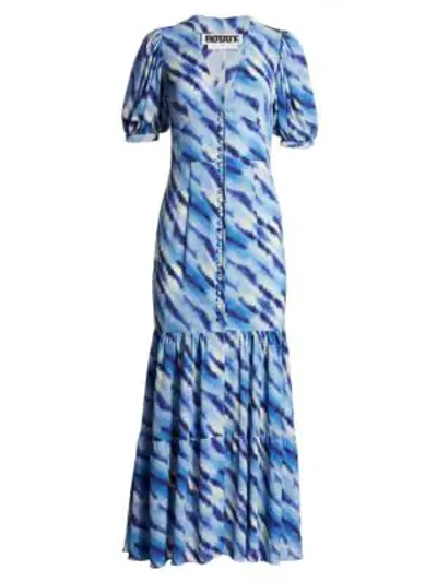 Shop Rotate Birger Christensen Thora Flounce Hem Maxi Dress In Tiger Aop Silver Lake Blue