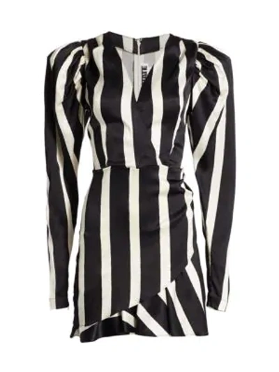 Shop Rotate Birger Christensen Aiken Puff-sleeve Stripe Wrap Dress In Black Combo
