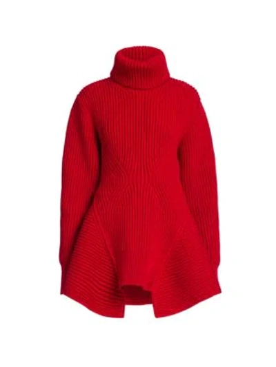 Shop Alexander Mcqueen Ribbed Peplum Turtleneck Sweater In Lust Red