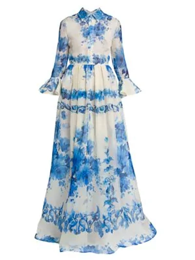 Shop Valentino Floral Silk Collared Gown In Avorio Blue
